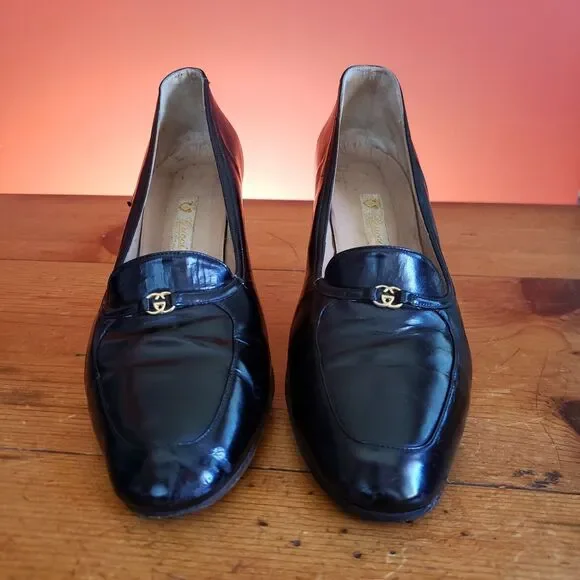 Vintage GUCCI Italy GG Logo Black Slip On Heel Shoes 36 1/2B US 6 Almond Toe - Picture 1 of 16
